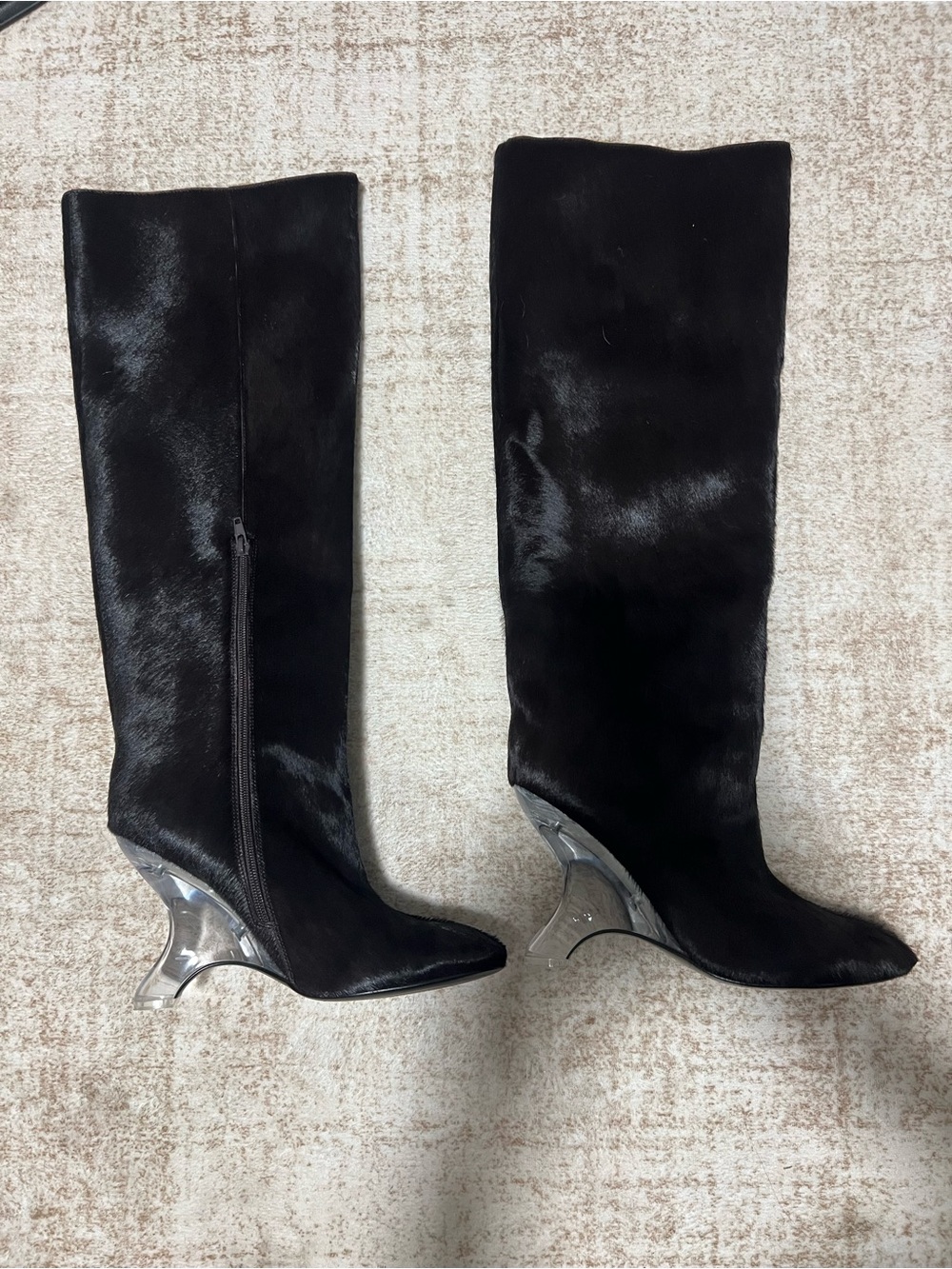 Jeffrey Campbell Black Knee-High Faux Fur Boots with Sculpted Clear Heel 10